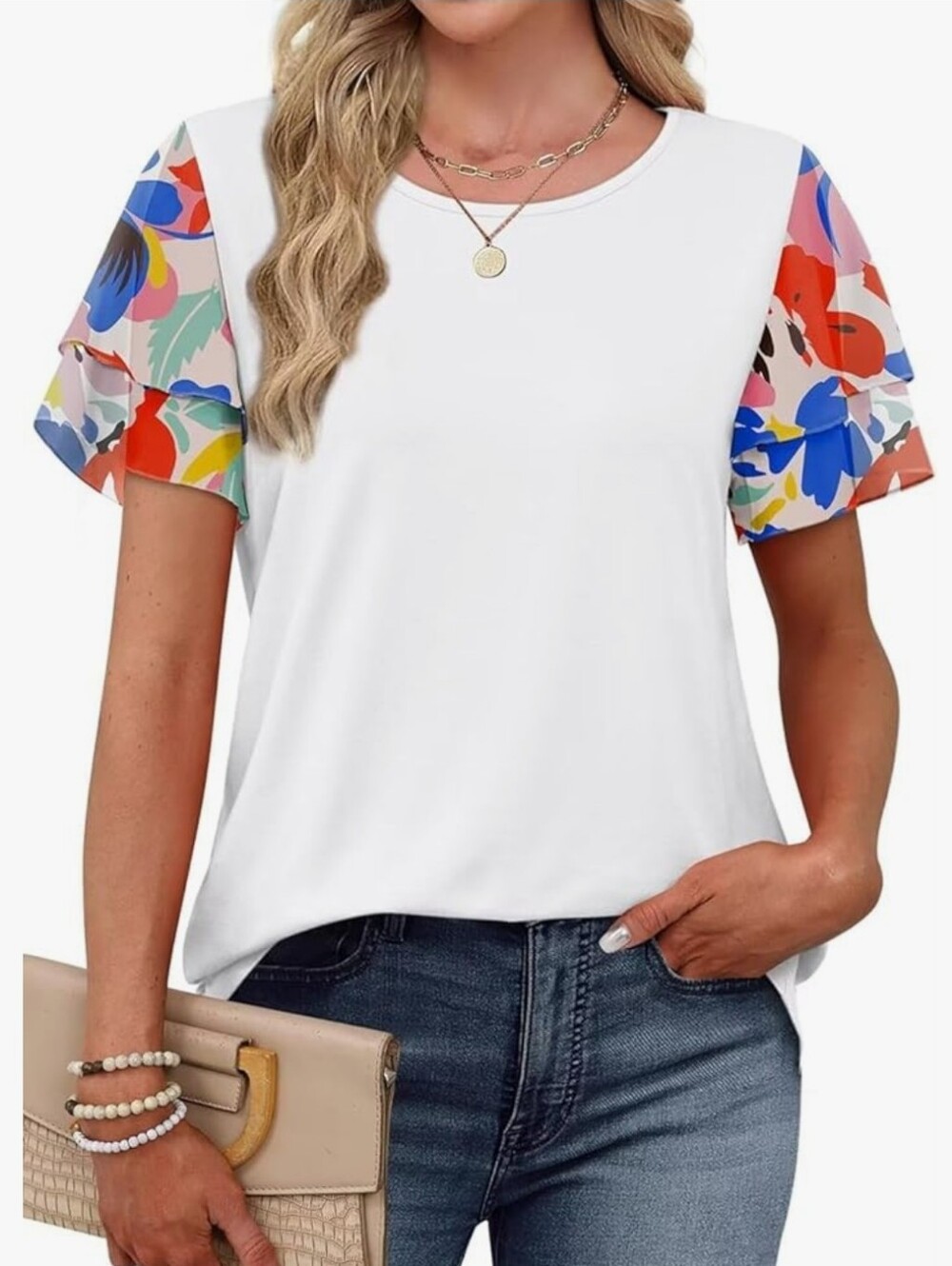 Trendy Double Ruffle Short Sleeve Crew Neck